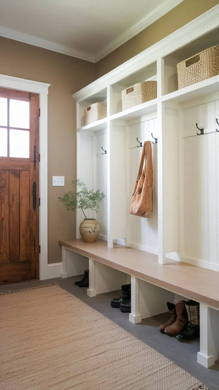 A calming beige mudroom boasts ample storage with white shelves, a bench, and black hooks, creating a functional and stylish entryway