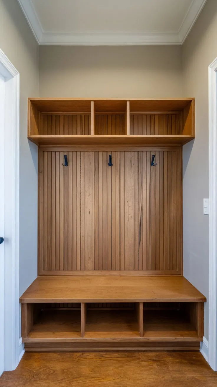 Light gray walls and wood floors complement the functional yet stylish mudroom storage solution.