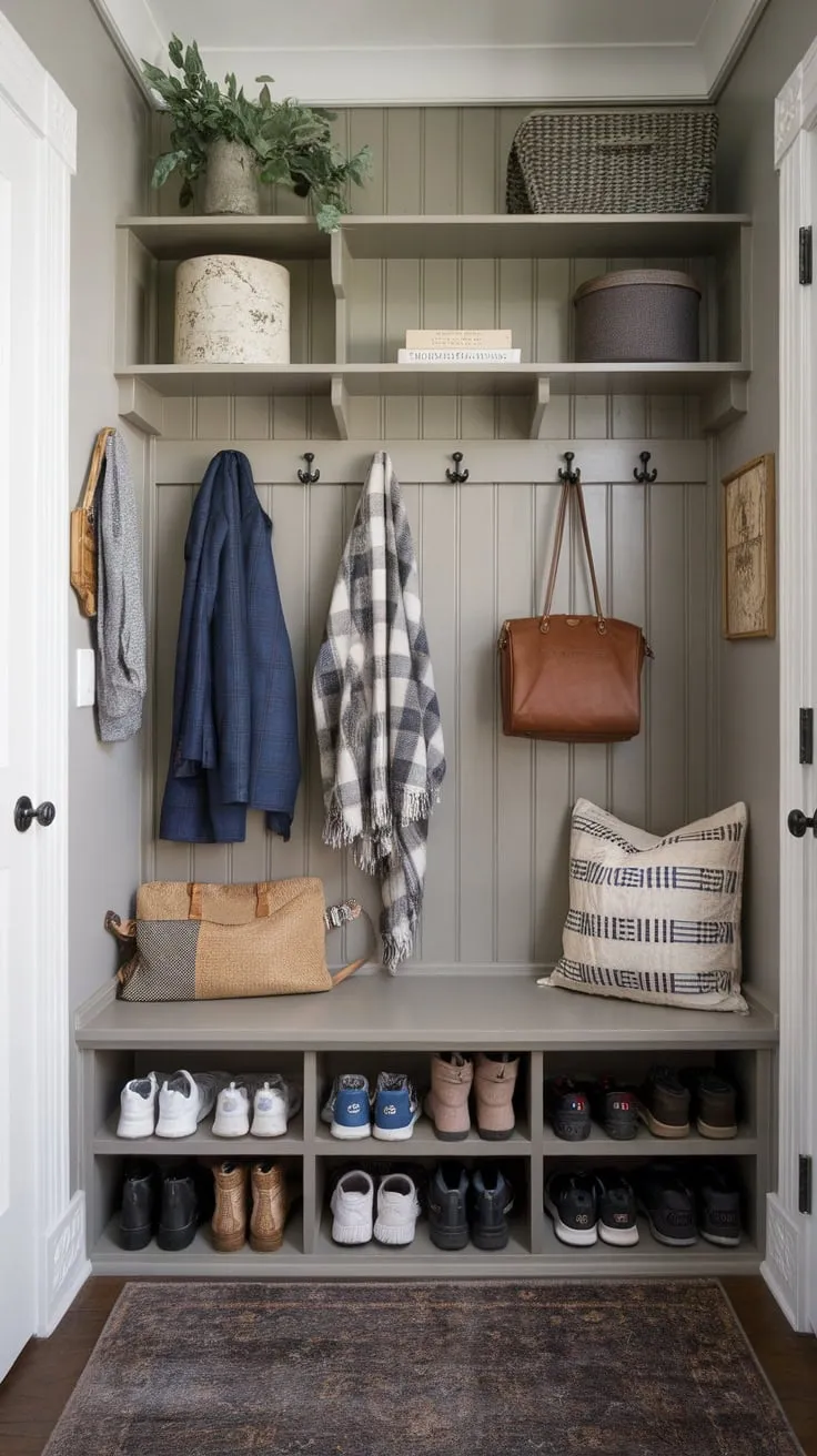 Organize entryway chaos with a stylish mudroom featuring a bench, coat hooks, and clever storage solutions.