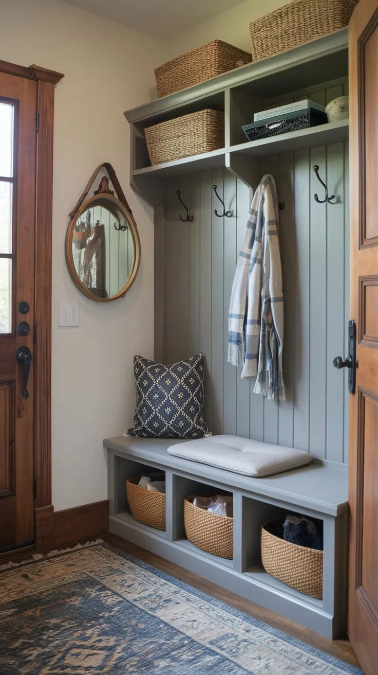 Maximize small entryway space with a stylish mudroom featuring a coat rack, bench storage, and decorative mirror for ultimate organization and charm