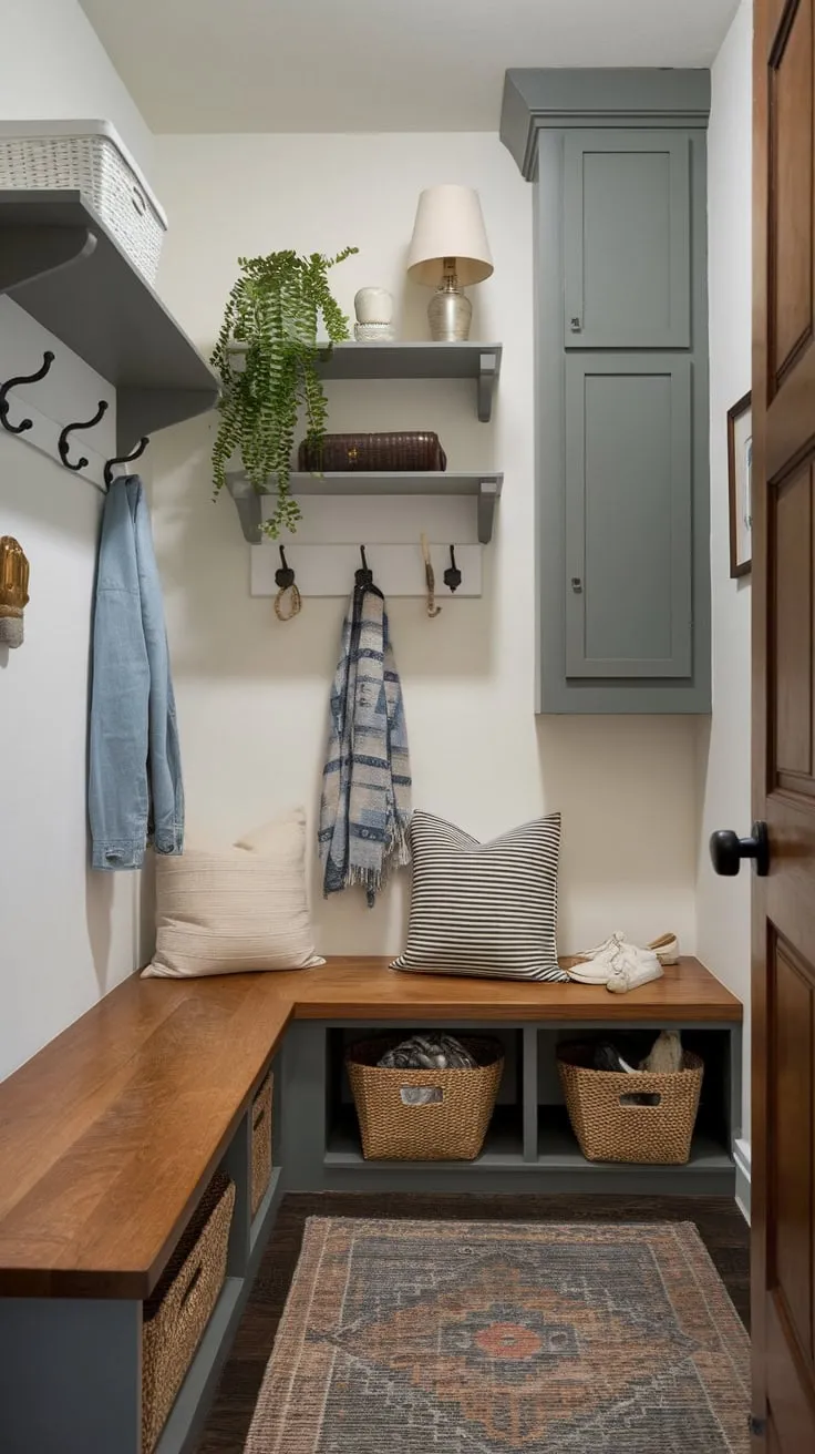 Maximize small-space functionality with a mudroom boasting bench storage, floating shelves, coat rack, and narrow cabinet for ultimate organization