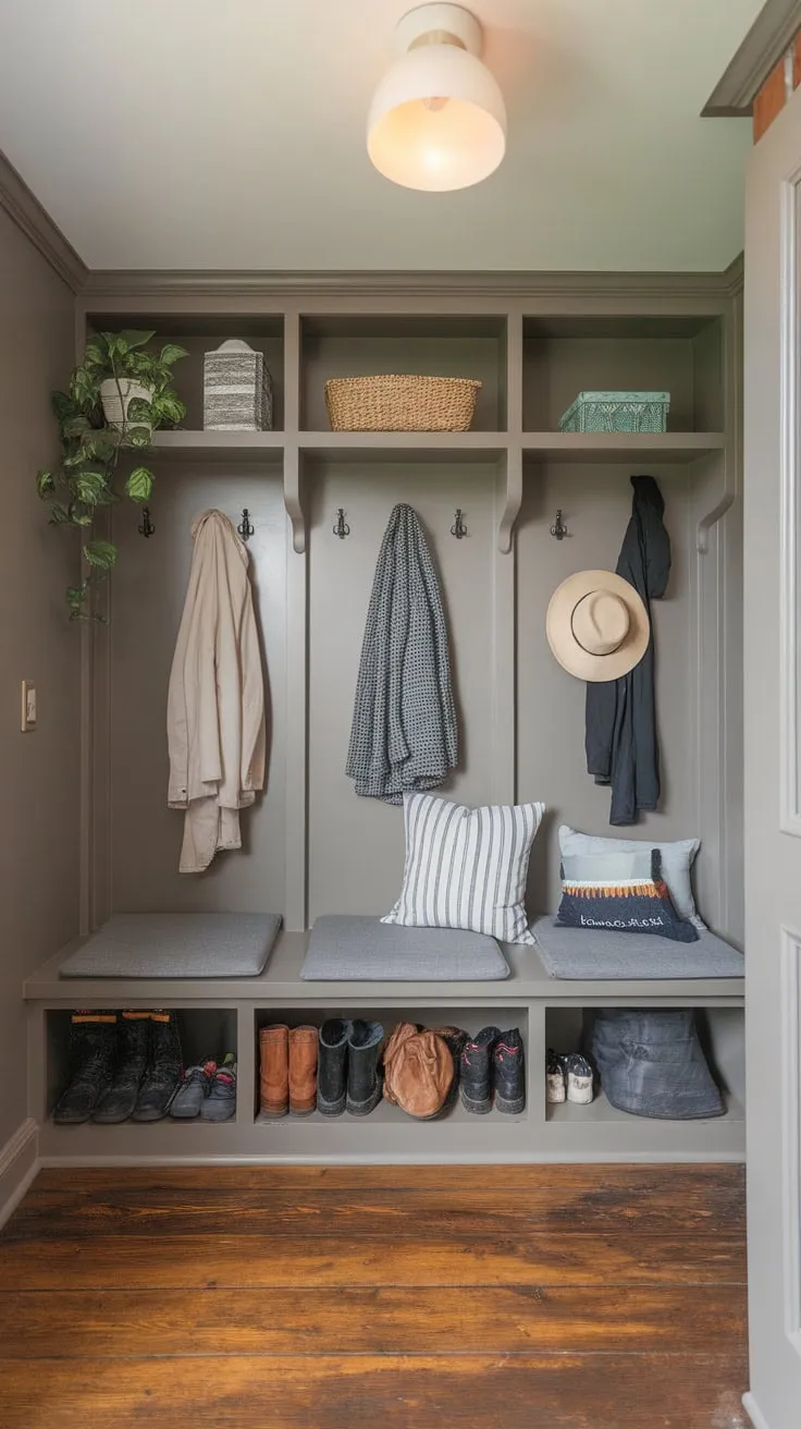 A grey-walled mudroom boasts ample storage with a cushioned bench, overhead coat rack, and shelves showcasing personal touches amidst a rustic wooden floor.