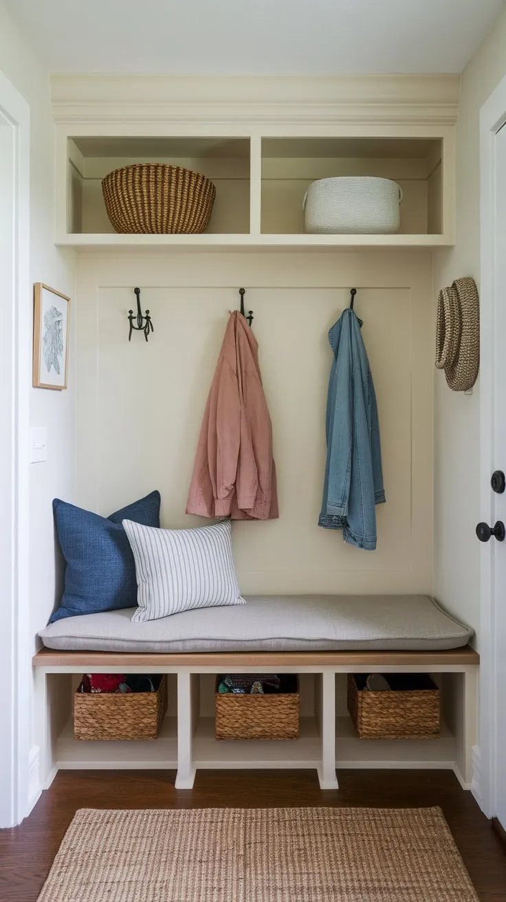 A charming small entryway boasts practical mudroom storage including a cushioned bench, coat hooks, and overhead shelving, all enhanced by a woven rug and light paint.