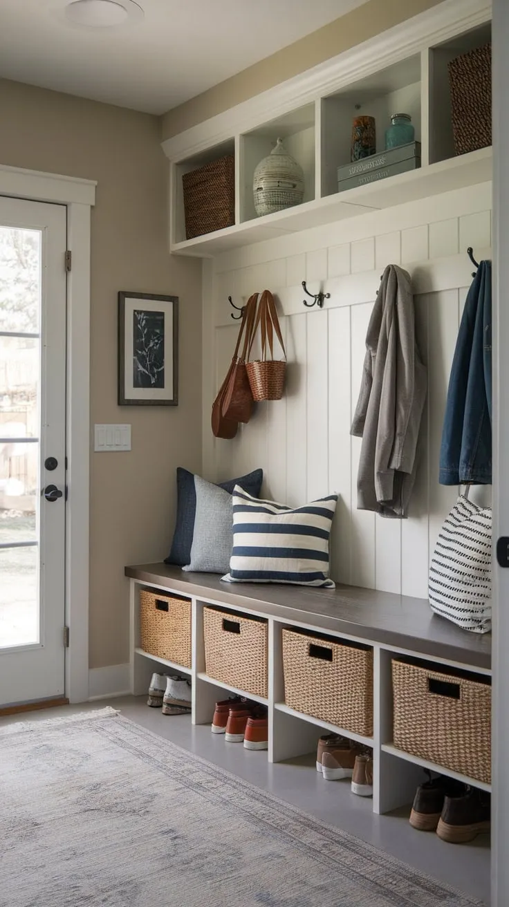 Maximize small mudroom space with a bench, shoe rack, coat hooks, and overhead storage for ultimate organization and style