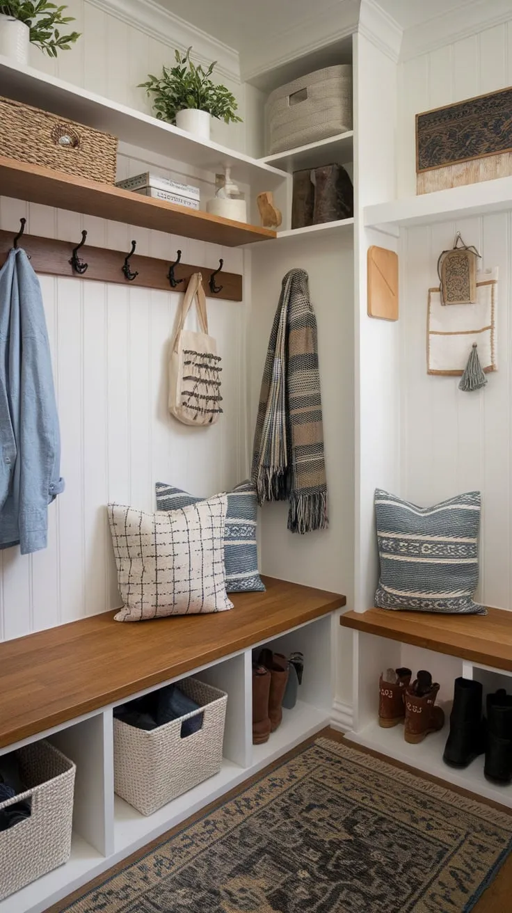 A charming small mudroom boasts ample storage via a bench, shelves, coat rack, and decorative touches, creating both functionality and style.