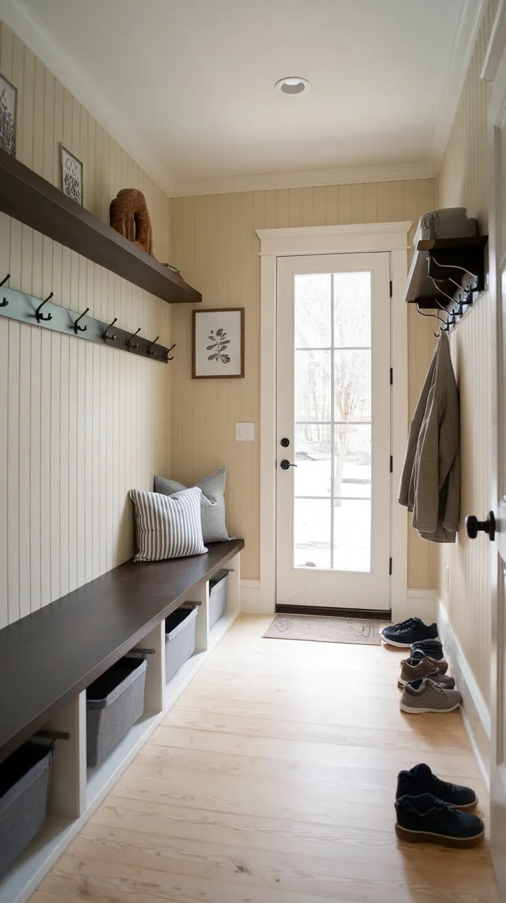 Organized chaos reigns in this small mudroom, blending practical storage with rustic charm.