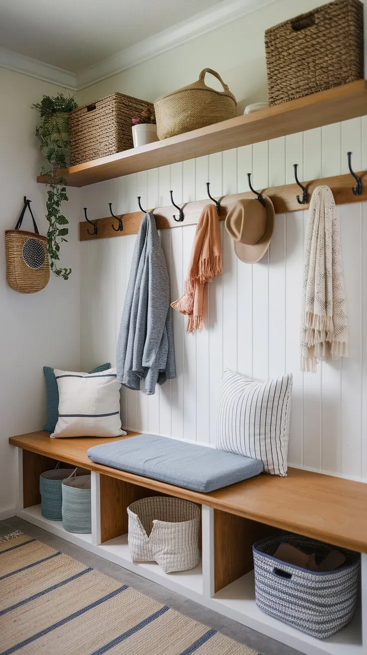 Maximize your small space with clever mudroom storage! This entryway organization solution combines a wooden shelf with coat hooks, a comfy storage bench, and stylish entryway decor, proving that even small entryway storage can be both functional and beautiful.  These entrance storage ideas effortlessly transform a cramped entrance into an organized and welcoming space.  Perfect for small entryway ideas and mudroom organization.