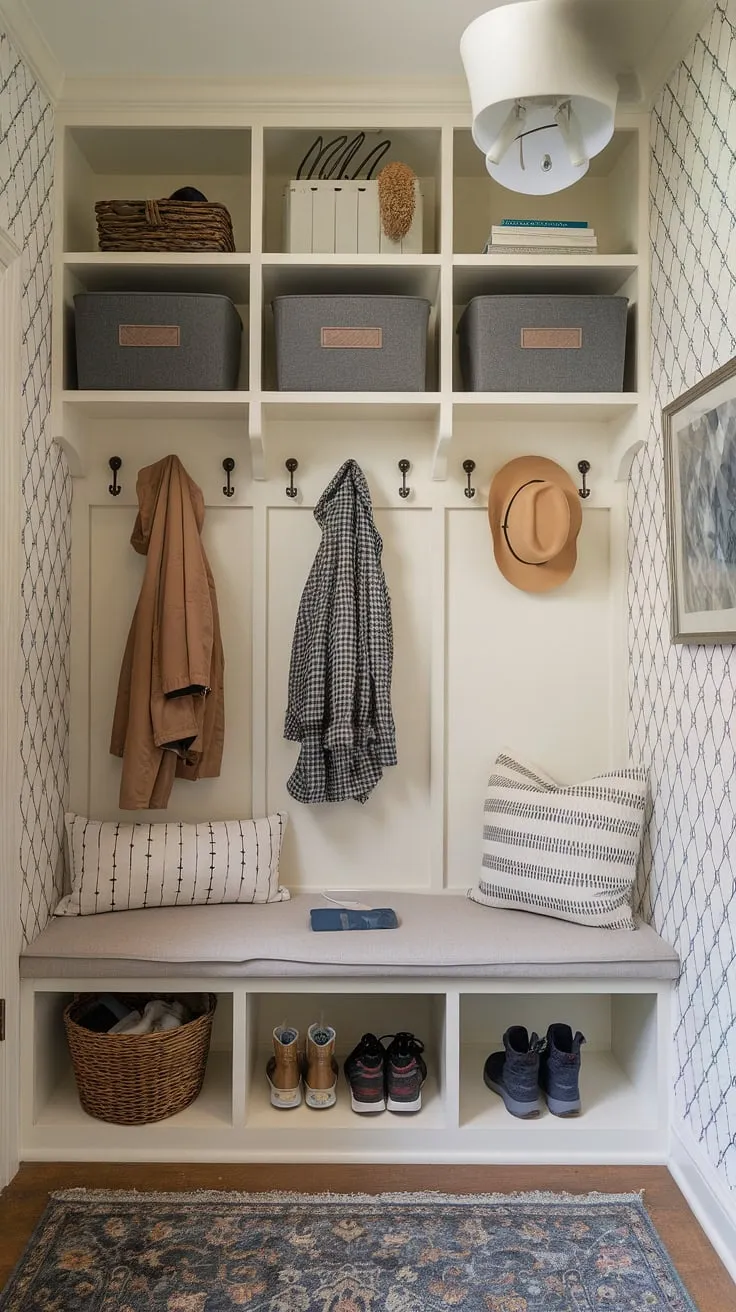 Transform your entrance into a haven of organization with these small entryway ideas. This mudroom boasts ingenious mudroom storage and entryway storage ideas, effortlessly blending practicality with charm. The thoughtfully designed shelves and bench provide ample small entryway storage, while the patterned wallpaper adds a touch of personality to the entryway decor.  Achieve effortless entryway organization and entrance design ideas with this inspiring space.