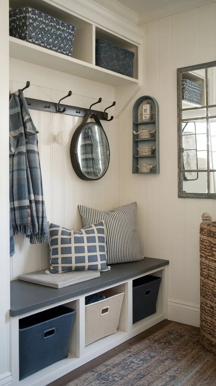 Maximize your entrance storage with these small entryway storage solutions. This rustic mudroom showcases practical entryway organization and mudroom organization, all within a compact space.  The thoughtful design offers plenty of entryway storage ideas and entrance design ideas, proving that even small entryways can be both functional and aesthetically pleasing.  A perfect example of small entryway ideas.