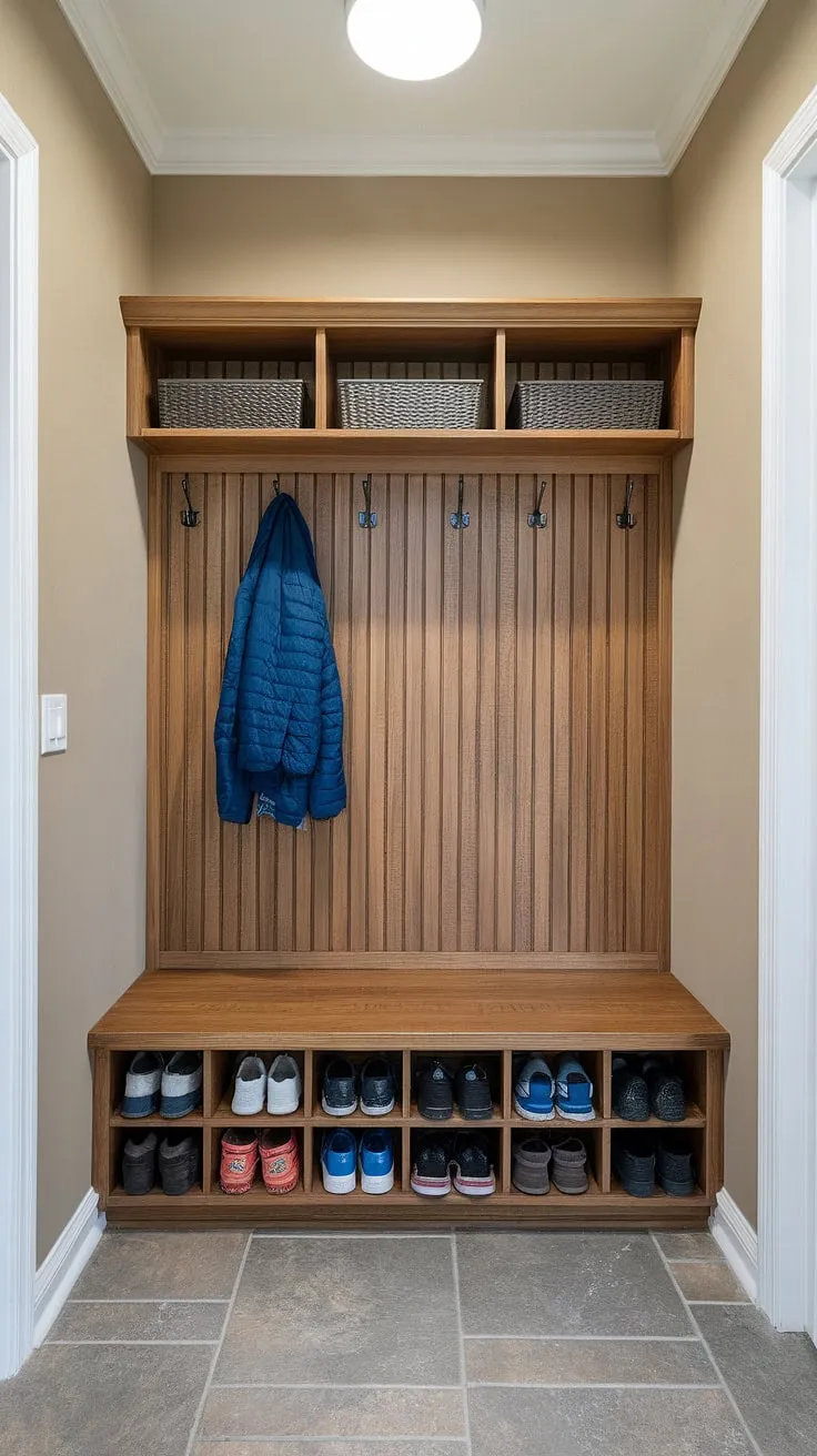 Transform your entrance into a functional and beautiful space with these small entryway storage solutions. This mudroom showcases how thoughtful entrance storage, including a coat rack and bench with storage, can create an organized and inviting entryway.  Perfect for small entryway ideas, this design offers a blend of practicality and entryway decor, achieving both mudroom organization and a stylish entrance design.
