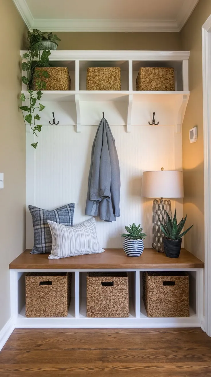 Beige walls complement a cozy mudroom featuring a storage bench, coat hooks, and a welcoming plant, creating efficient and stylish entryway organization.