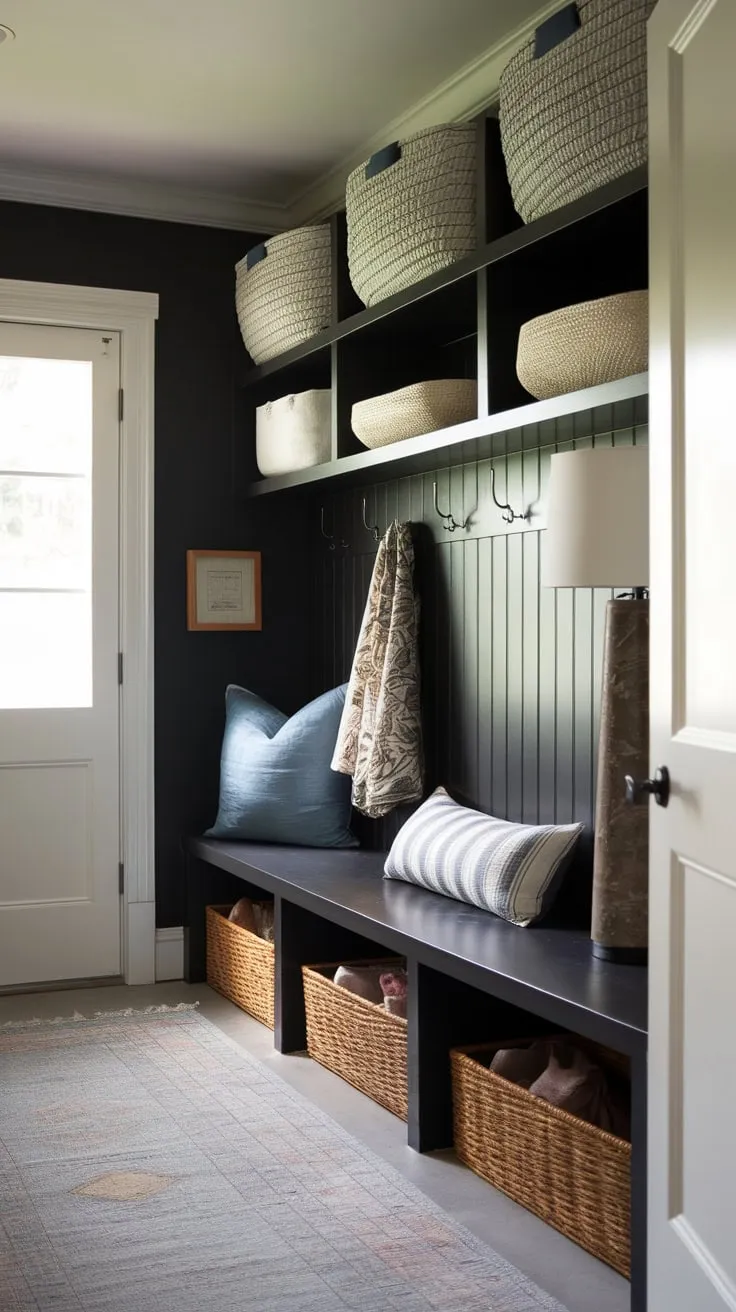 Soft lighting illuminates a stylish mudroom featuring black walls, shelving with baskets, and a cozy rug, creating the perfect blend of functionality and charm