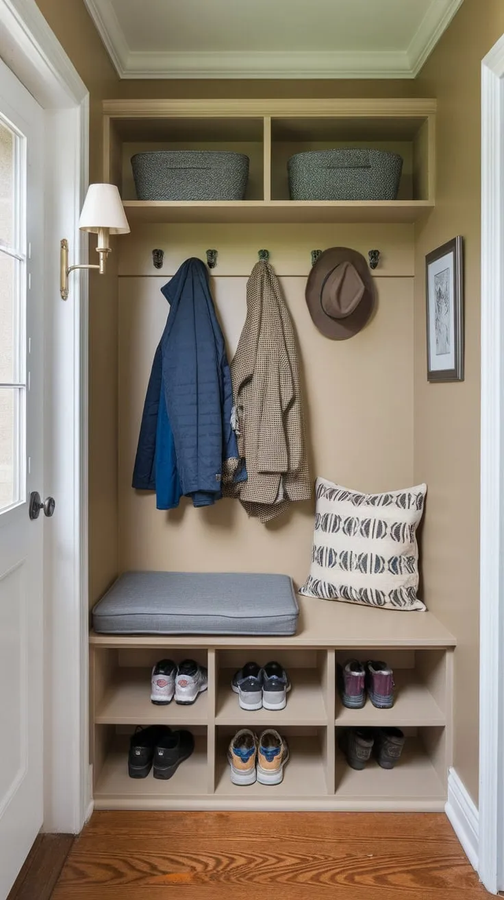 A cozy beige entryway boasts efficient mudroom storage including a coat rack, cushioned bench, and five-cubby shoe unit, maximizing small-space organization.