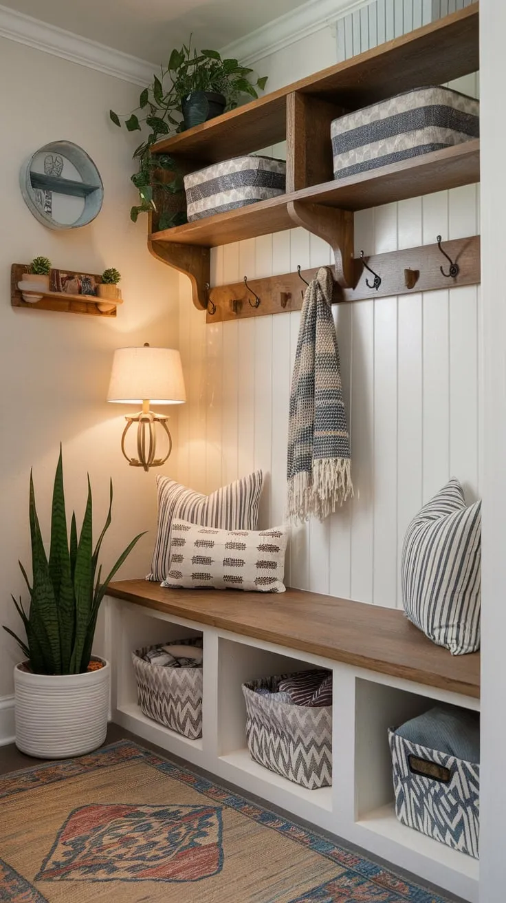 Maximize your small entryway with a charming mudroom featuring a bench, overhead shelving, and wall hooks for stylish and practical storage.