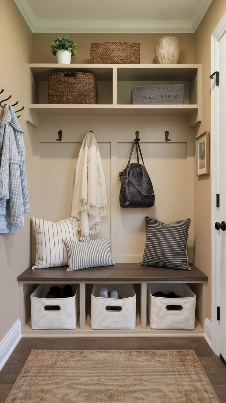 A cozy beige mudroom boasts clever storage solutions including a bench with bins, a coat rack, and a decorative shelf, creating efficient entryway organization.