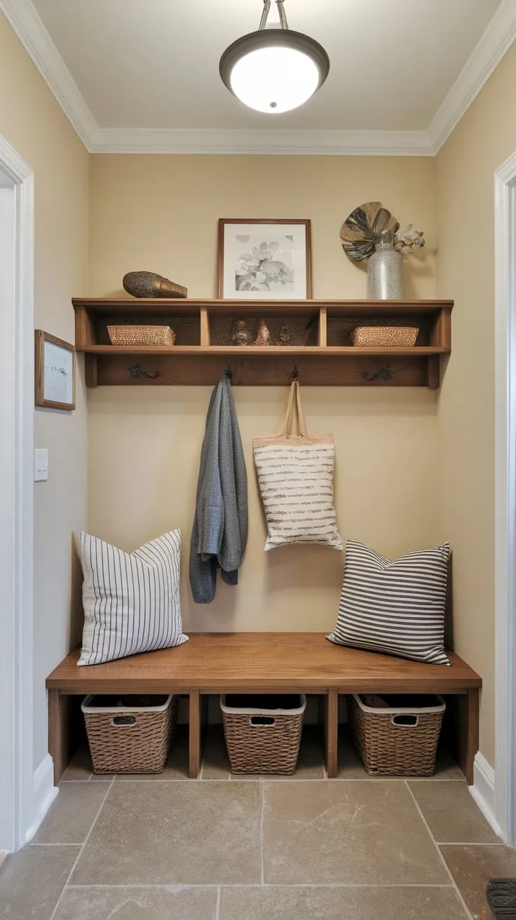A charming small entryway boasts a mudroom with a bench, storage baskets, and a shelf, all enhancing organization and style.