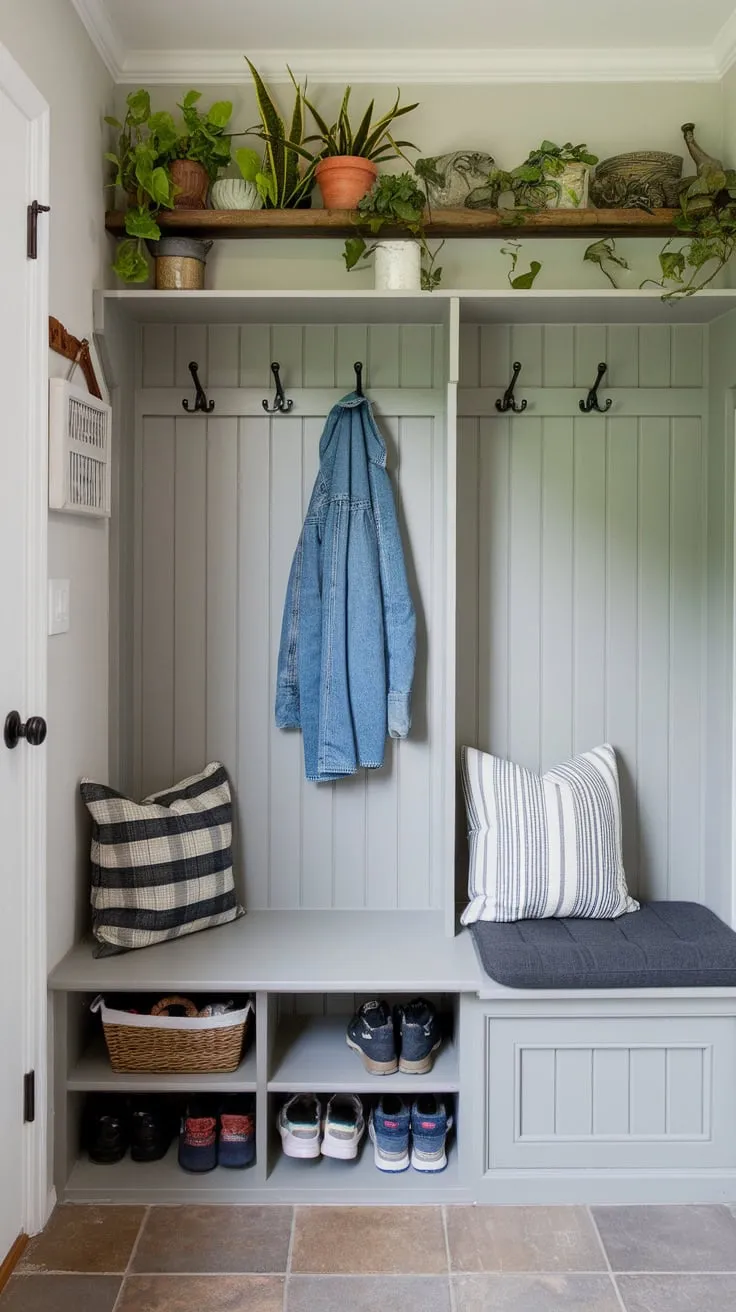 A compact yet functional mudroom design cleverly combines coat storage, seating, and shoe organization in a small entryway.