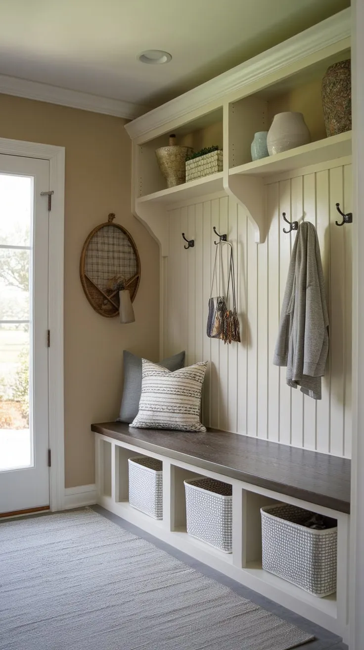 Maximize small-space functionality with a mudroom featuring a coat rack, storage bench, and shelf for organized entryway convenience