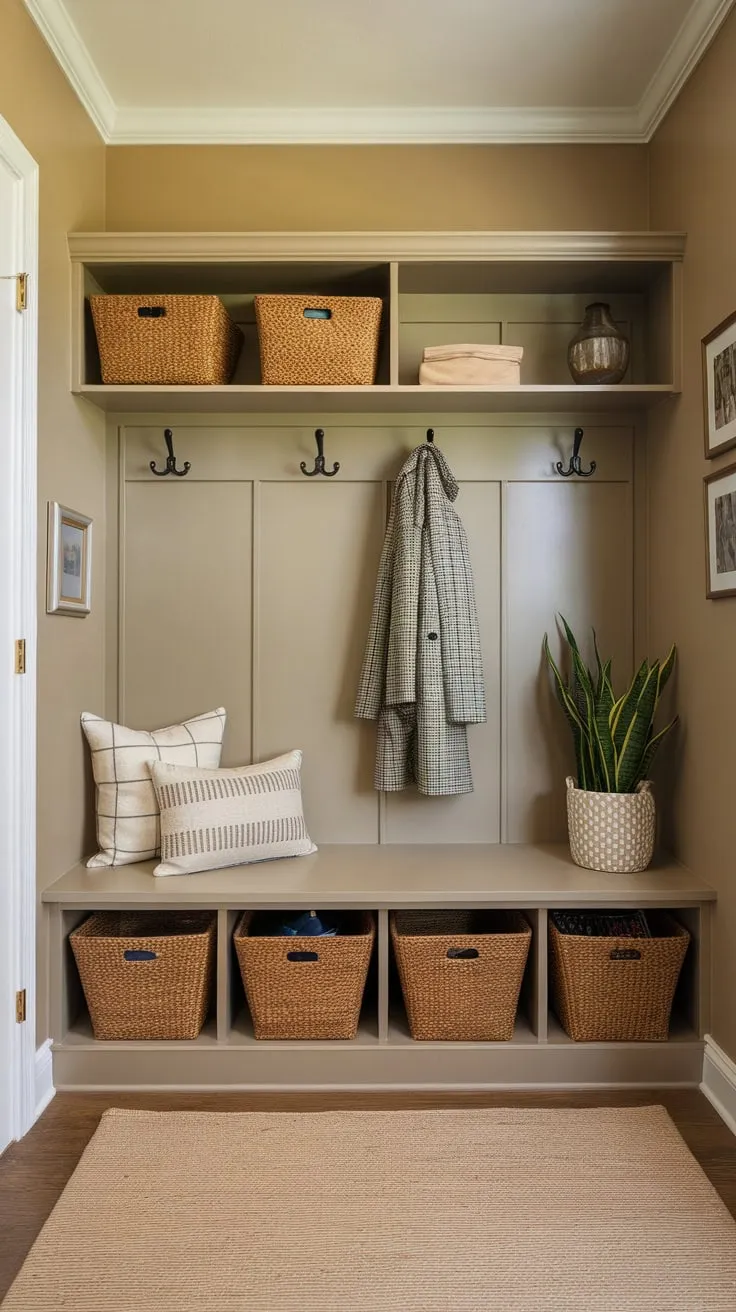 Maximize small-space organization with a cozy mudroom featuring a bench, coat rack, and shelving for stylish entryway storage.