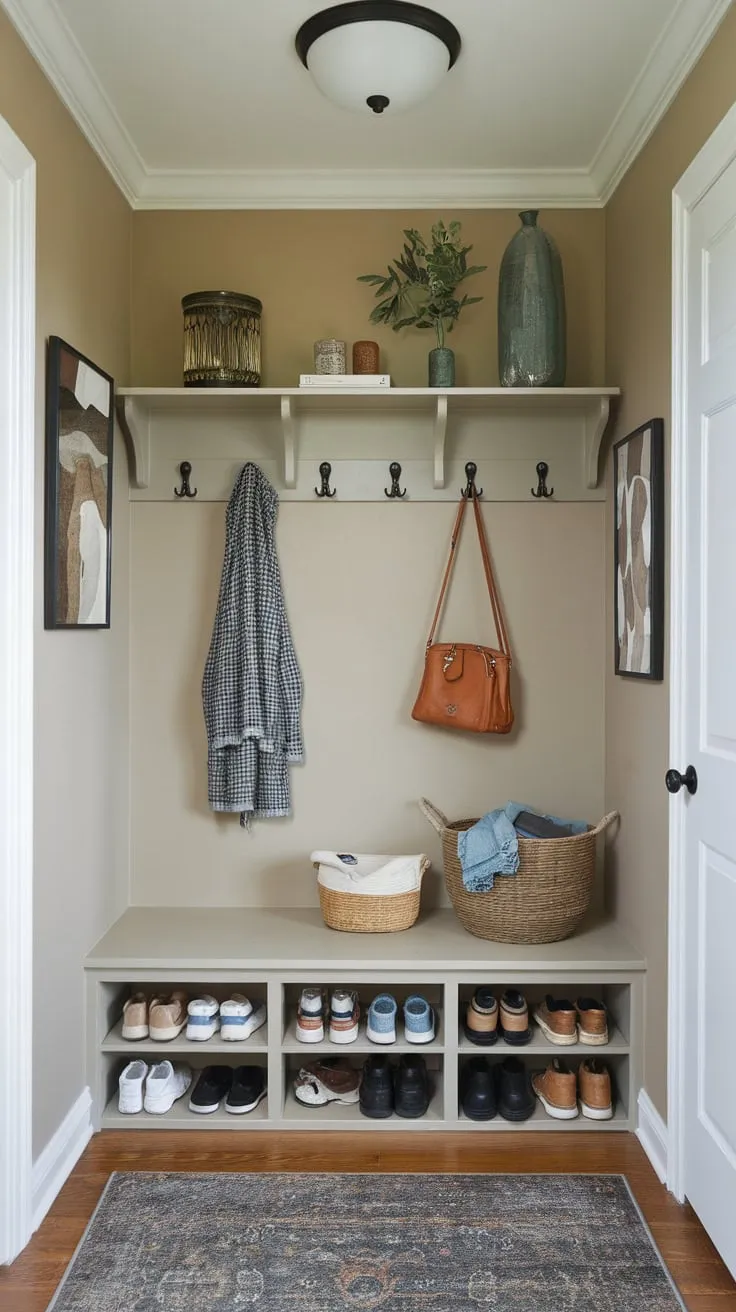 Maximize small-space functionality with clever mudroom storage solutions like coat racks, shoe racks, and baskets, creating an organized and welcoming entryway.