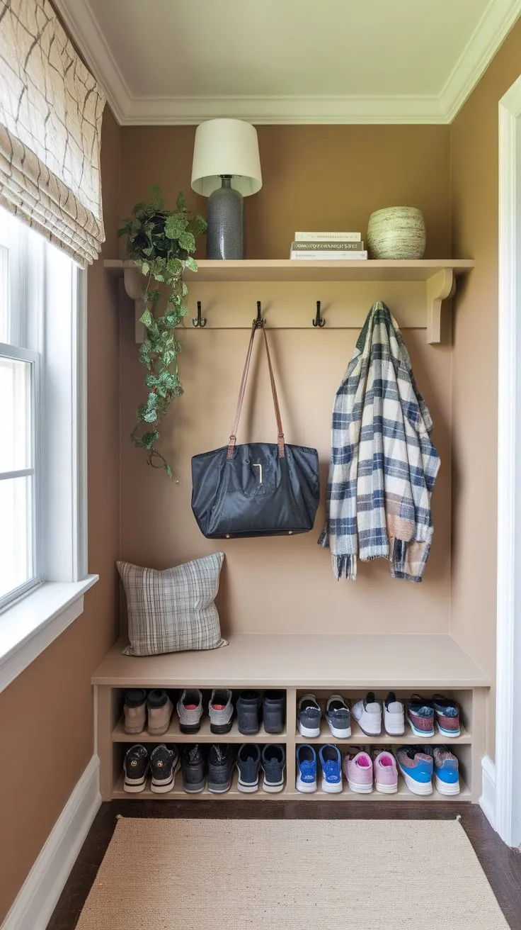 A cozy beige mudroom maximizes small-space storage with a shoe rack, coat hooks, and shelf, creating a functional and inviting entryway