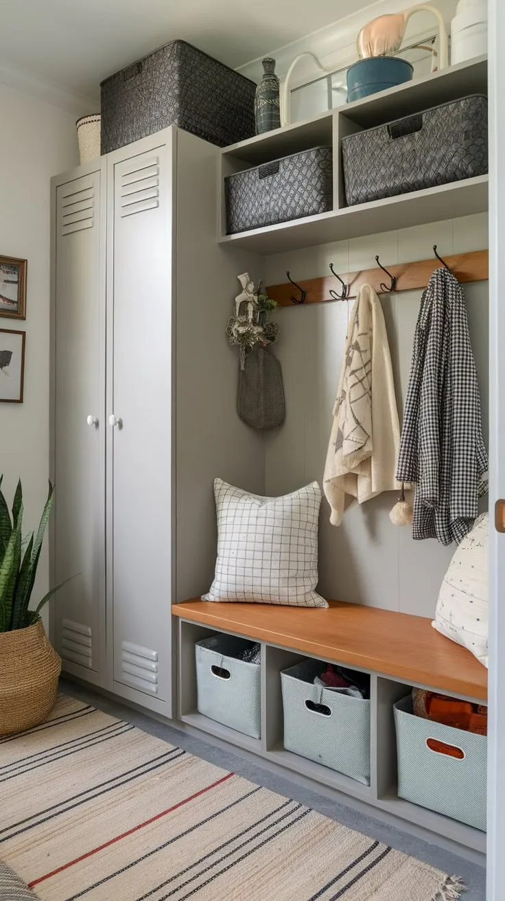 A well-organized mudroom cleverly uses limited space with storage solutions like a bench, coat rack, and wall-mounted lockers to keep entryway clutter at bay.