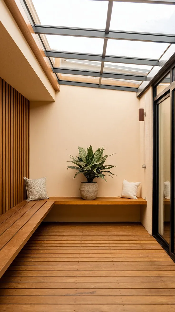 Step into tranquility: This mudroom sunroom combo, a delightful blend of practicality and light, offers the best of both worlds.  The enclosed sun porch, bathed in natural light from its glass roof, creates a cozy sunroom perfect for all seasons.  Consider this a mini sunroom idea, showcasing clever four seasons sunroom ideas and three season room ideas.  The warm wooden floors and simple decor evoke a glass conservatory decor aesthetic, while the potted plant adds a touch of life.  Imagine relaxing here year-round, a true solarium idea and a perfect sunroom addition.  While this example lacks a wrap-around deck, it inspires countless conservatory greenhouse sunroom and sunroom with exposed brick possibilities.