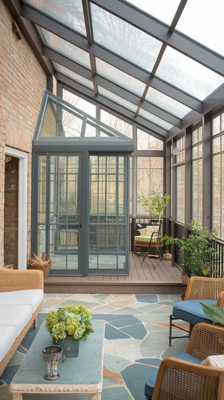 Step into tranquility with this mudroom sunroom combo, seamlessly blending rustic charm and modern elegance.  The enclosed sun porch, a true four seasons sunroom, bathes the space in natural light, while the mini sunroom offers a cozy retreat.  Glass conservatory decor complements the exposed brick walls, creating a stunning solarium.  The sunroom with wrap-around deck extends the living space, perfect for enjoying any season.  Consider this sunroom addition your inspiration for three season room ideas and conservatory greenhouse sunroom designs.