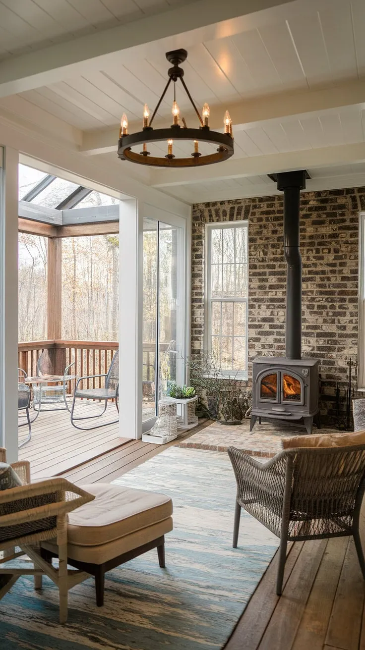 Escape the everyday in this dreamy mudroom sunroom combo, featuring an enclosed sun porch perfect for enjoying the changing seasons.  The exposed brick walls, wood-burning stove, and rustic chandelier create a cozy ambiance, while the wrap-around deck extends the living space outdoors. This sunroom with exposed brick offers endless four seasons sunroom ideas, from mini sunroom ideas to grand solarium ideas. Consider this a stunning example of a sunroom addition, a conservatory greenhouse sunroom, or even three season room ideas—the possibilities are endless with this glass conservatory decor and sunroom with wrap around deck.