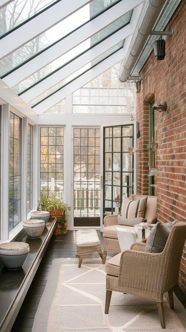 Escape to your own private oasis: This sunroom addition seamlessly blends a functional mudroom sunroom combo with the luxurious feel of a four seasons sunroom.  The glass conservatory decor and mini sunroom ideas create pockets of light and warmth, while the sunroom with wrap-around deck offers stunning views.  Embrace the cozy sunroom atmosphere, enhanced by exposed brick walls and the clever integration of three season room ideas.  This solarium-like space, with its enclosed sun porch, is the epitome of conservatory greenhouse sunroom design.