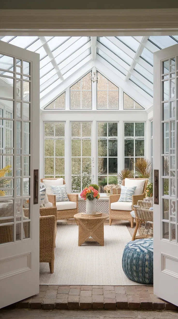 Step into tranquility: This mudroom sunroom combo boasts a stunning enclosed sun porch, seamlessly blending four seasons sunroom ideas with mini sunroom inspiration.  The glass conservatory decor shines, complemented by a sunroom with a wrap-around deck offering breathtaking views.  Three season room ideas are cleverly incorporated into this cozy sunroom, featuring exposed brick for rustic charm.  Solarium ideas abound in this sunroom addition, creating a conservatory greenhouse sunroom feel that's both inviting and sophisticated.