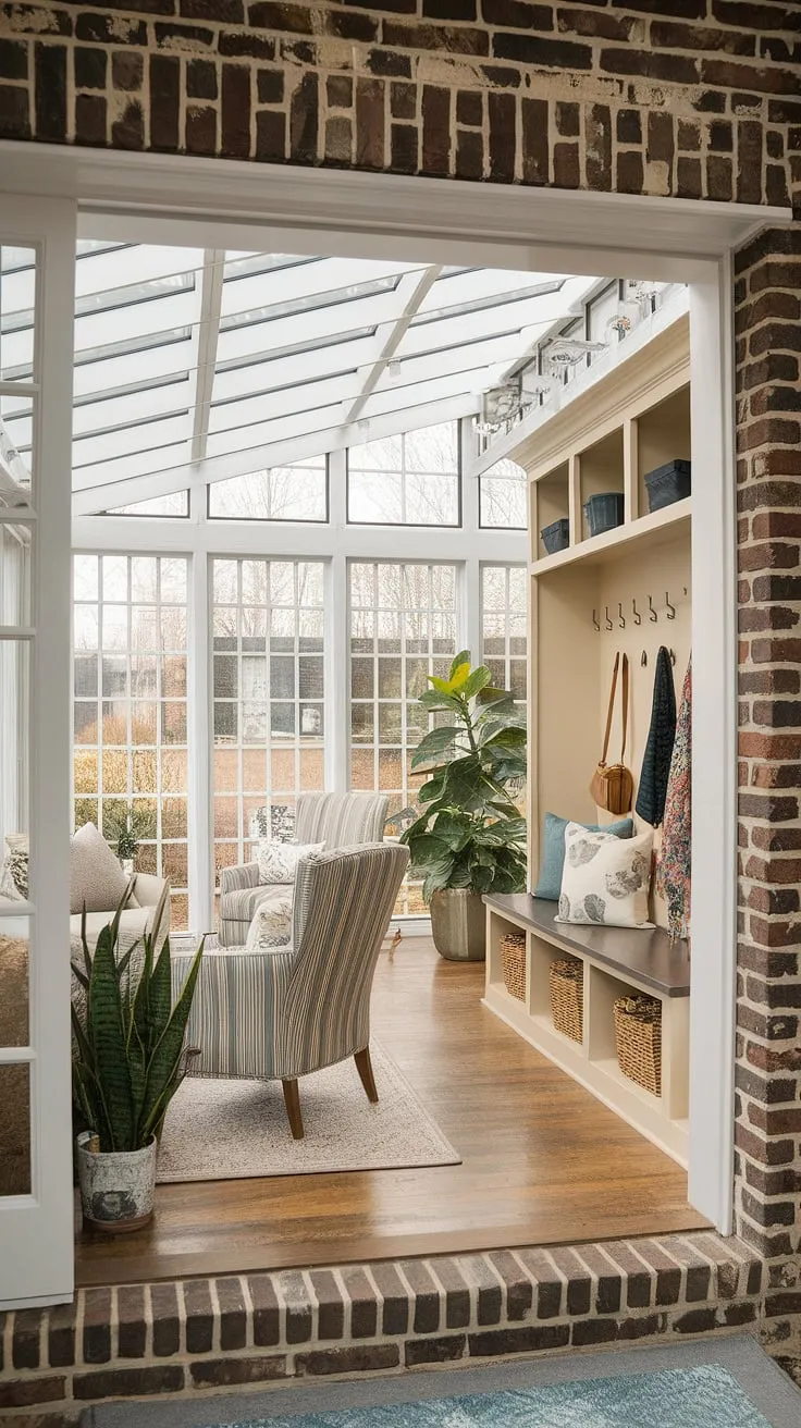 Escape the everyday in this stunning mudroom sunroom combo.  The enclosed sun porch bathes the space in natural light, showcasing the exposed brick walls and creating a cozy sunroom atmosphere.  This sunroom with exposed brick is a testament to clever design, incorporating mini sunroom ideas and four seasons sunroom ideas into one harmonious space.  Glass conservatory decor adds a touch of elegance, while the practical mudroom area ensures effortless organization.  Consider this a perfect example of solarium ideas and a dream sunroom addition, offering the potential for a sunroom with wrap around deck to further enhance its charm.  A true conservatory greenhouse sunroom experience awaits.