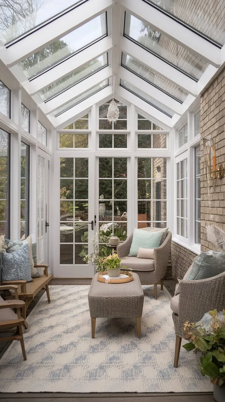 Step into tranquility: This mudroom sunroom combo boasts an enclosed sun porch, seamlessly blending four seasons sunroom ideas with a charming mini sunroom.  The glass conservatory decor and sunroom with wrap-around deck create an idyllic retreat, while the three season room ideas ensure year-round comfort.  The cozy sunroom, featuring exposed brick, offers the perfect solarium ideas, a true sunroom addition that feels like a conservatory greenhouse sunroom.