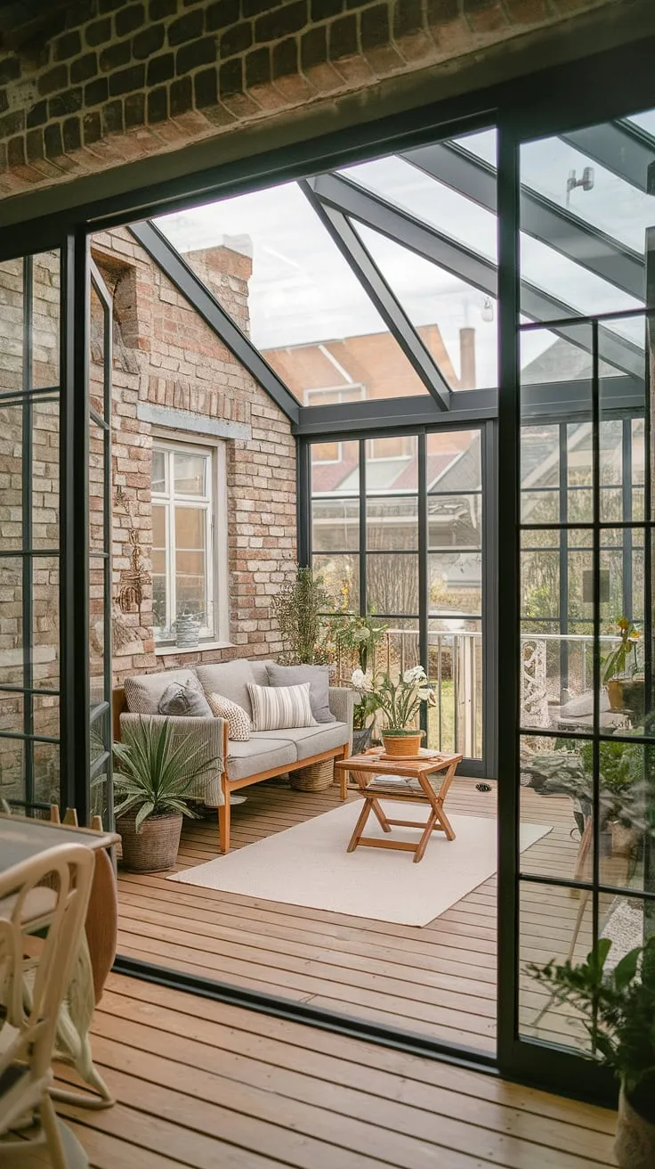 Escape to your own private oasis with this stunning mudroom sunroom combo.  The exposed brick walls, wooden floors, and glass roof create a cozy sunroom, perfect for enjoying the four seasons.  This sunroom with wrap-around deck offers endless possibilities for relaxation and entertaining, showcasing inspiring four seasons sunroom ideas and mini sunroom ideas.  Imagine cozy evenings in this enclosed sun porch, a true glass conservatory decor dream.  Consider this solarium ideas inspiration for your own sunroom addition – a conservatory greenhouse sunroom that seamlessly blends indoor and outdoor living.  This three season room ideas masterpiece is the epitome of a sunroom with exposed brick.