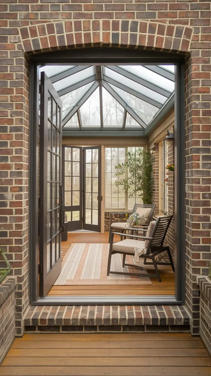 Imagine unwinding in this cozy sunroom, a sunroom addition that seamlessly merges mudroom functionality with the charm of an enclosed sun porch.  The exposed brick walls, wooden floors, and glass roof create a stunning backdrop for relaxing moments, while the wrap-around deck extends the living space outdoors.  This space perfectly illustrates four seasons sunroom ideas, mini sunroom ideas, and glass conservatory decor, offering inspiration for your own solarium ideas or three-season room design.  A true conservatory greenhouse sunroom, this space is a testament to the beauty and practicality of a sunroom with a wrap-around deck.