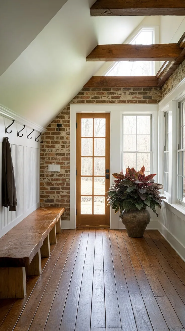 Step into tranquility: This mudroom sunroom combo, featuring an enclosed sun porch, seamlessly blends rustic charm with modern comfort.  The exposed brick walls and wooden beams create a cozy sunroom atmosphere, perfect for enjoying the four seasons.  Mini sunroom ideas meet grand design in this sunroom addition, showcasing glass conservatory decor and offering inspiration for three season room ideas and solarium ideas.  A wrap-around deck (imagine!) would complete this conservatory greenhouse sunroom.