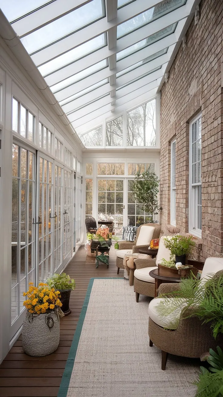 Step into tranquility: This mudroom sunroom combo boasts an enclosed sun porch, showcasing four seasons sunroom ideas with a mini sunroom bathed in natural light.  The glass conservatory decor complements the sunroom with wrap-around deck, seamlessly flowing into a three-season room. Exposed brick walls add rustic charm to this cozy sunroom, a true solarium idea with a sunroom addition that doubles as a conservatory greenhouse sunroom.
