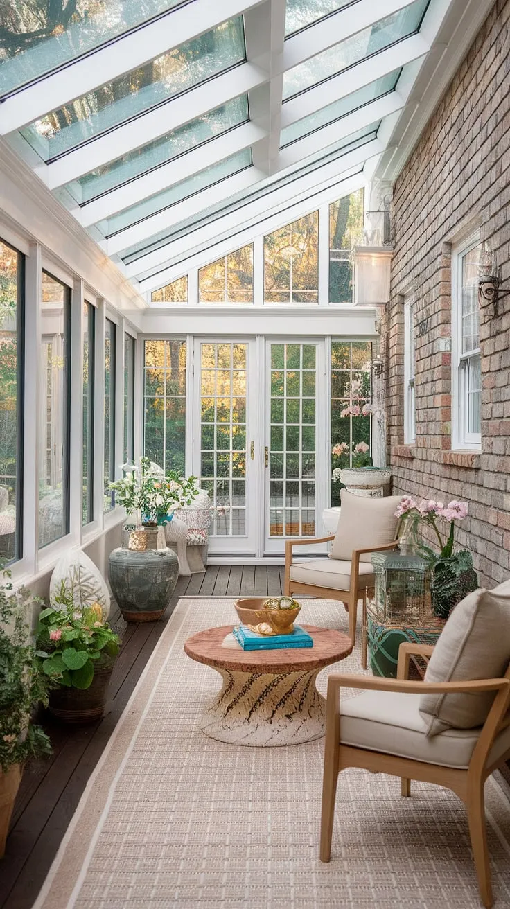 Step into tranquility: This mudroom sunroom combo boasts an enclosed sun porch, seamlessly blending four seasons sunroom ideas with a charming mini sunroom.  The glass conservatory decor, complete with a wrap-around deck, creates a stunning three-season room, offering a cozy sunroom escape. Exposed brick adds rustic warmth to this solarium idea, a true sunroom addition and conservatory greenhouse sunroom, perfect for year-round enjoyment.