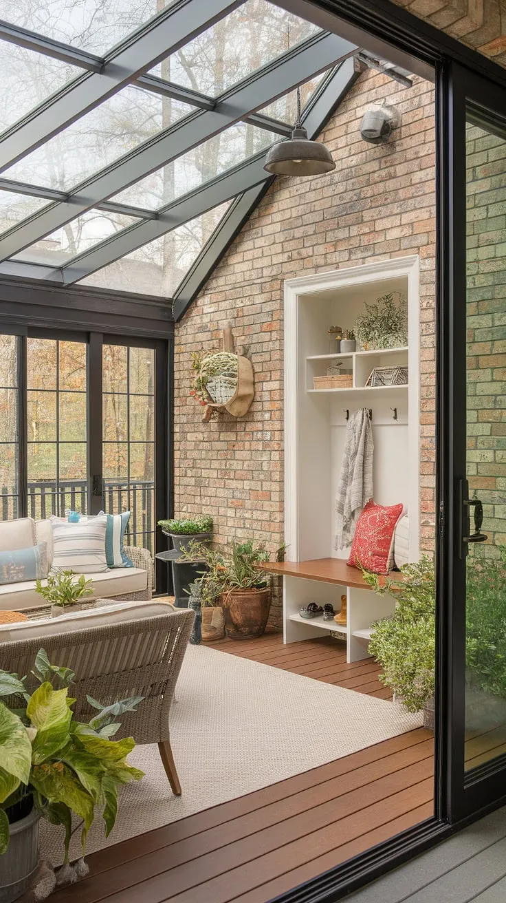 Imagine relaxing in this sunroom with exposed brick, a sunroom with wrap around deck providing year-round enjoyment. This mudroom sunroom combo is the ultimate in three season room ideas, a cozy sunroom perfect for mini sunroom ideas.  The glass roof of this enclosed sun porch creates a bright and airy space, showcasing stunning glass conservatory decor and fulfilling all your four seasons sunroom ideas.  A true solarium ideas masterpiece, this sunroom addition is a conservatory greenhouse sunroom you'll never want to leave.