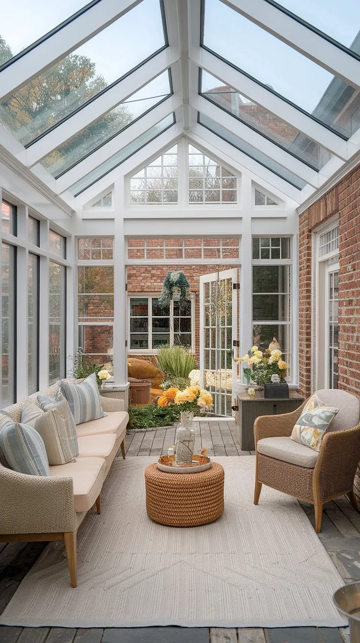 Step inside this dreamy mudroom sunroom combo, where an enclosed sun porch seamlessly flows into a four seasons sunroom.  Mini sunroom ideas abound, highlighted by the glass conservatory decor and clever solarium ideas.  The sunroom addition, complete with a wrap-around deck, offers breathtaking views, while the cozy sunroom, featuring exposed brick and a conservatory greenhouse sunroom design, provides the perfect retreat.  This space expertly blends three season room ideas with year-round comfort.