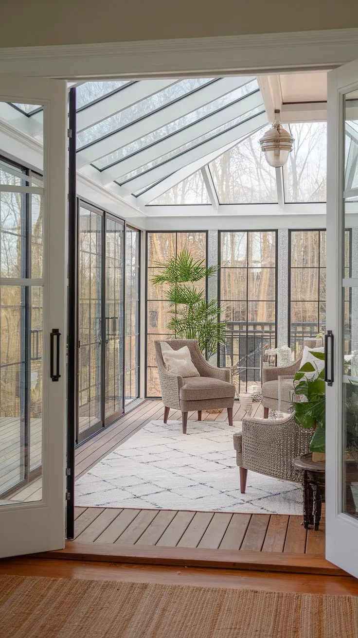 Imagine waking up to sunlight streaming into your dream mudroom sunroom combo. This four seasons sunroom, a brilliant example of mini sunroom ideas, boasts a glass conservatory decor that transforms the space into a year-round sanctuary.  The sunroom with wrap-around deck provides endless opportunities for relaxation and entertaining, while the cozy sunroom interior, complete with exposed brick, offers a warm and inviting atmosphere.  Perfect for those seeking three season room ideas or even a full solarium ideas design, this sunroom addition is a testament to thoughtful design.  This conservatory greenhouse sunroom is the ultimate enclosed sun porch, a place where you can truly unwind.