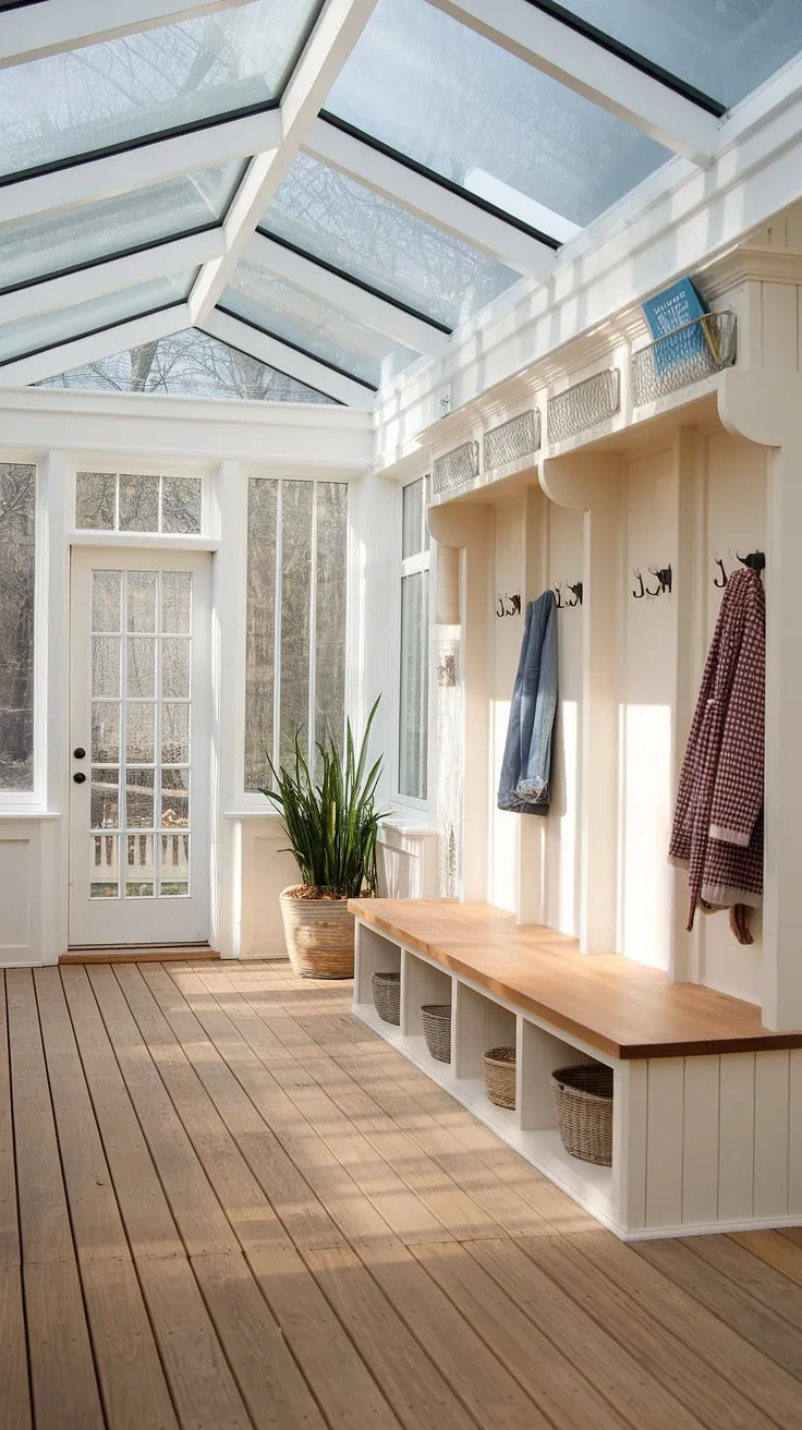 Sunlight streams into this dreamy mudroom sunroom combo, a perfect blend of practicality and serenity.  The enclosed sun porch, with its built-in bench and ample storage, offers a welcoming space to shed outerwear, while the glass roof transforms the area into a bright and airy solarium. This sunroom addition showcases clever four seasons sunroom ideas, making it a cozy sunroom you'll enjoy year-round.  Consider this a mini sunroom idea elevated—a conservatory greenhouse sunroom with endless possibilities for glass conservatory decor.  While a wrap-around deck isn't featured, the three season room ideas are evident in its design.