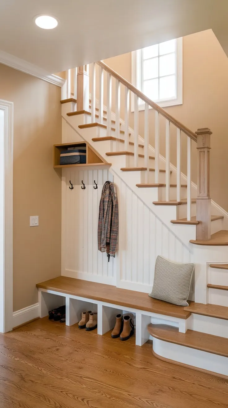 A charming under-stair mudroom boasts a wooden bench, coat rack, and shelf within a warm beige space illuminated by a high window