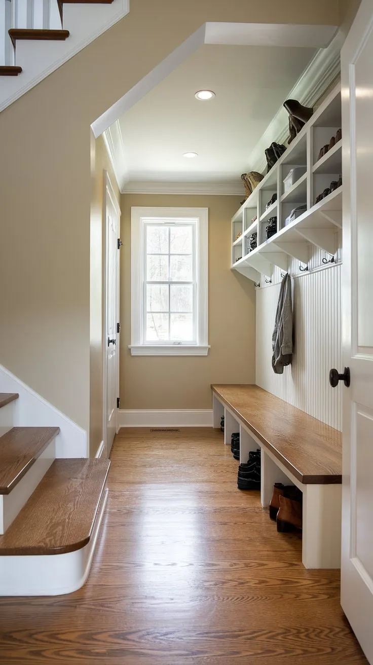 Maximize your space with this ingenious mudroom under stairs.  The under stairs storage solution provides ample room for shoes and coats, transforming a wasted under stair nook into a practical and stylish stair nook. This interior design under stairs proves that even the smallest room under stairs can be beautifully functional.