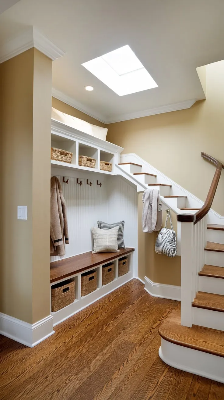 This under stair nook is the perfect example of under stairs storage done right.  The light-filled mudroom under stairs boasts a beautiful wooden floor and ample space for coats, shoes, and more.  Transform your under stair area with this inspiring interior design under stairs.