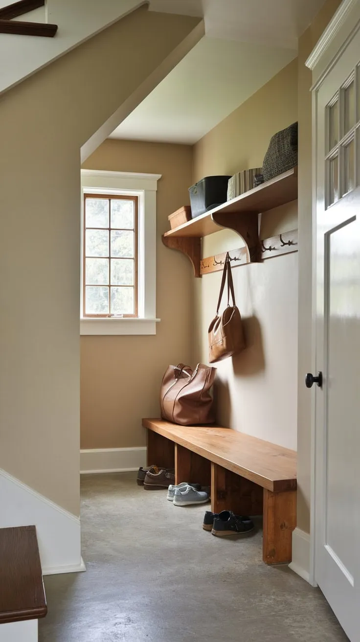 Under-stair storage transformed into a functional mudroom with a wooden bench, wall-mounted rack, and concrete floor, offering practical organization.