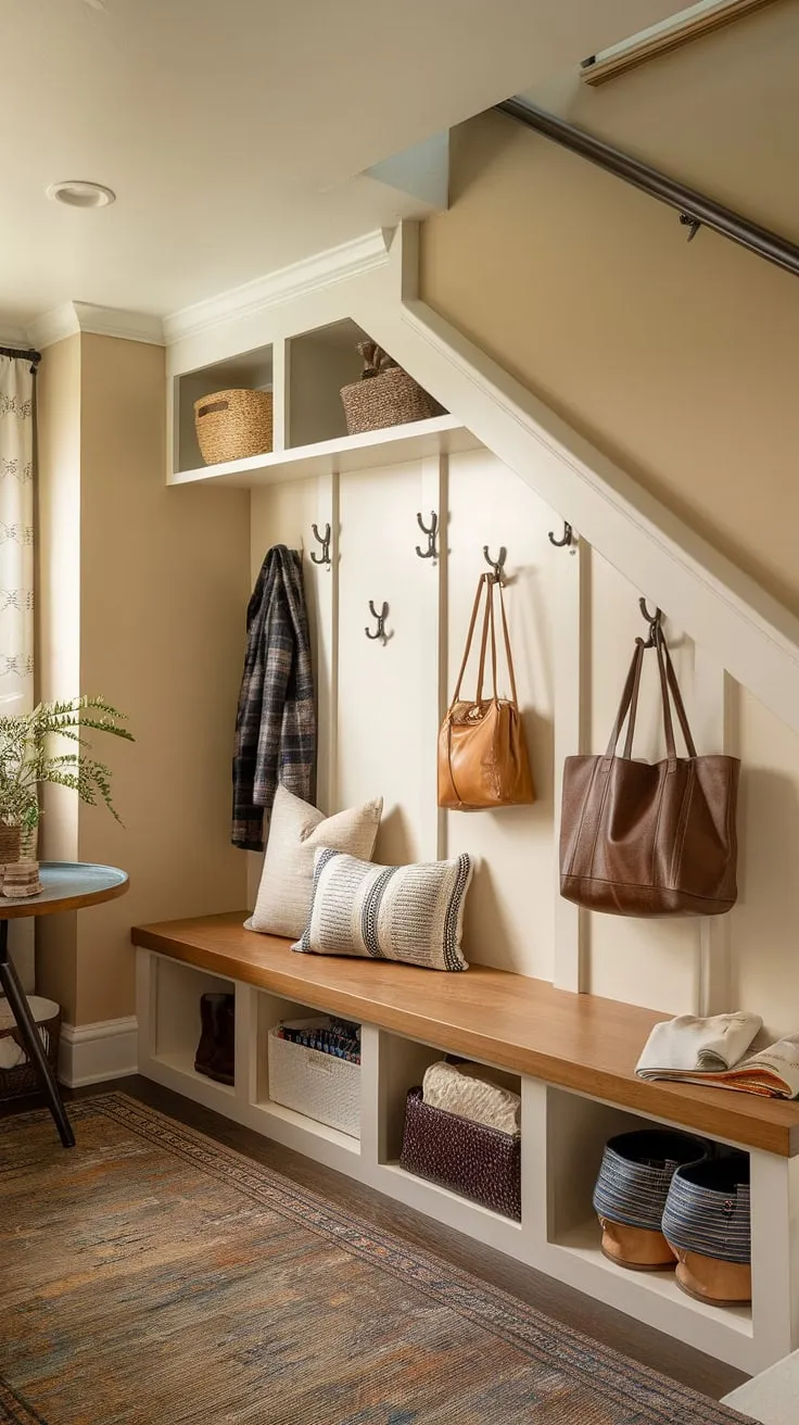 Transforming unused space into a functional and beautiful under stair mudroom. This room under stairs showcases clever under stairs storage, creating a welcoming stair nook with a wooden bench and plenty of hooks.  The interior design under stairs is a testament to thoughtful planning.