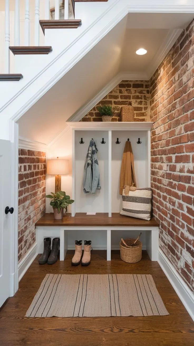 A rustic brick-walled mudroom nestled under the stairs offers charming storage and wood-floored comfort