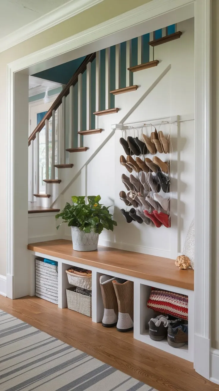 A bright, functional mudroom tucked under the stairs boasts wood floors, ample storage, and a welcoming countertop plant.