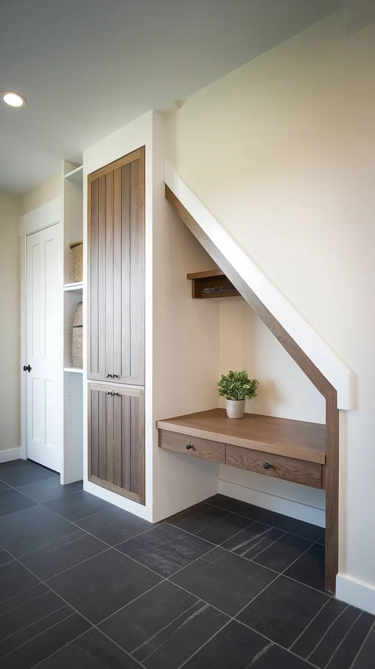 Maximize your space with this cleverly designed mudroom under stairs.  The under stairs storage unit and small desk create a functional and stylish under stairs nook, perfect for organization and a touch of greenery. This interior design under stairs solution proves that even the smallest room under stairs can be transformed into a practical and charming stair nook.